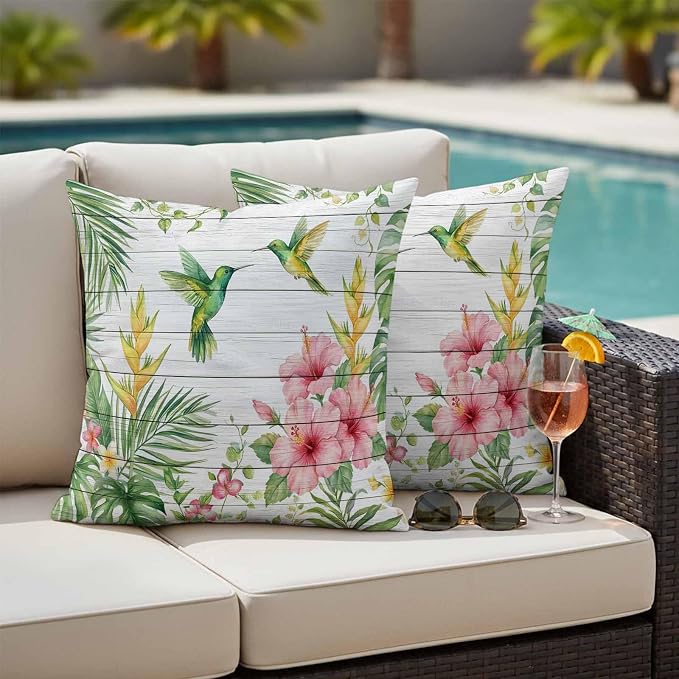 Hummingbirds Hibiscus Outdoor Waterproof Pillow Covers Pack of 2, Birds Botanical Tropical Plant Wood Grain Throw Pillowcases Decorative Cushion Covers for Garden Patio Tent Sofa Couch, 16x16 inch