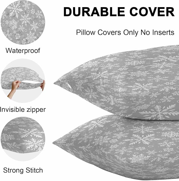 Outdoor Waterproof Throw Pillow Covers, Merry Christmas and Happy New Year Winter Snowfalke Geometric Pattern Gray Pillowcases Cushion Covers Cases for Patio Couch Bench, Pack of 2 Square, 18X18 Inch