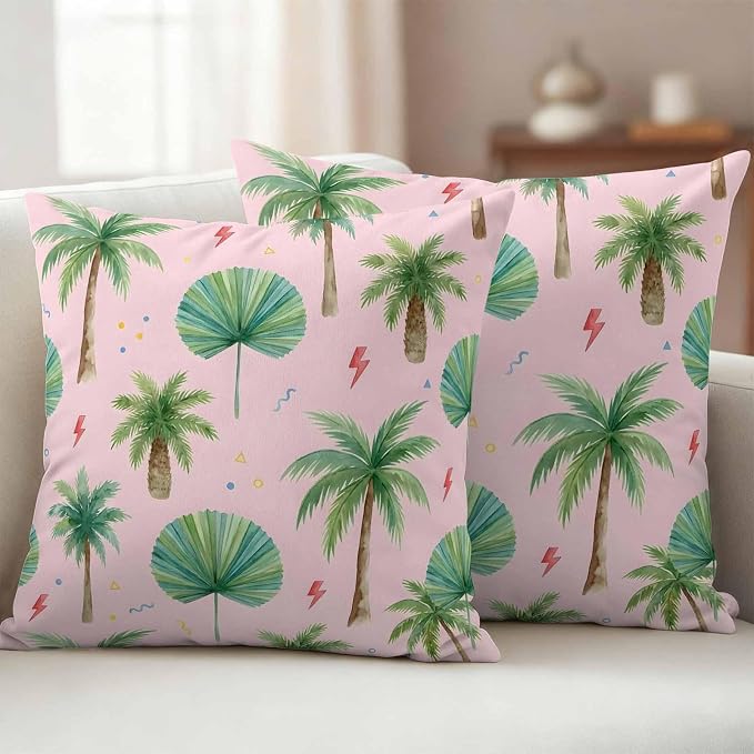 Yukro Tropical Palm Tree Outdoor Waterproof Pillow Covers Pack of 2, Lightning Summer Pink Boho Throw Pillowcases Decorative Cushion Covers for Garden Patio Tent Sofa Couch, 18x18 inch