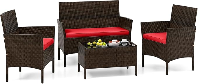 4 Piece Patio Furniture Set, Sectional Conversation Sofa Set with Glass Coffee Table, Cushions & Loveseat, Wicker Outdoor Table and Chairs for Pool, Garden, Deck, Backyard (1, Red)