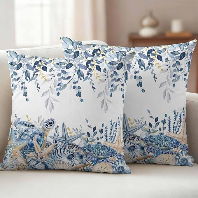 Pack of 2 Blue Turtle Coastal Outdoor Pillow Covers Decorative, Beach Coral Starfish Waterproof Pillow Protector, Nautical Sea Eucalyptus Throw Pillowcases Cushion Cases for Patio Couch Sofa 24"x24"