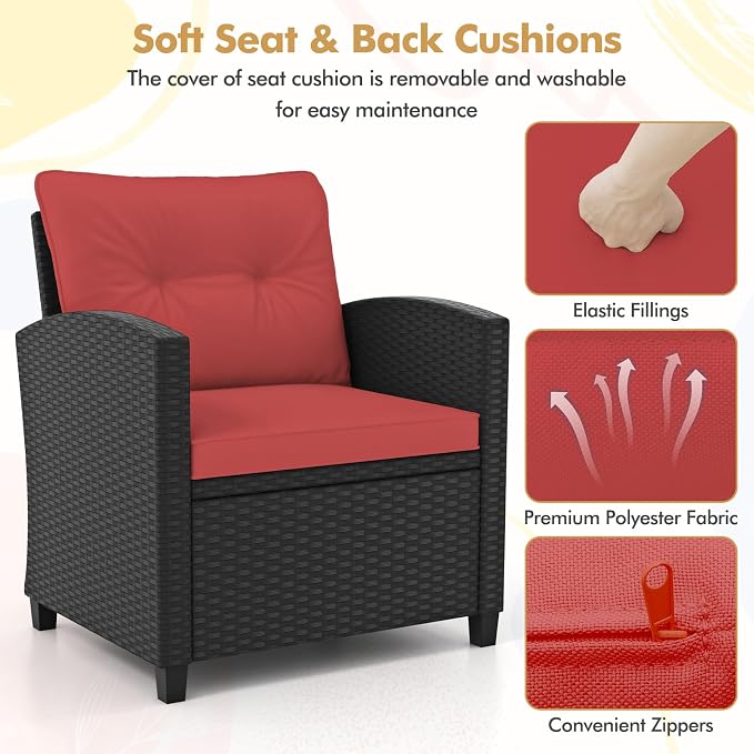 RELAX4LIFE 3-Piece Patio Furniture Set - Wicker Rattan Bistro Sofa Set w/Glass Top Coffee Table, Washable Cushions for Porch Balcony Backyard Poolside, Outdoor Furniture Conversation Set (Red)
