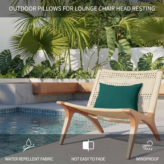 Dark Green Outdoor Lumbar Pillows 12x20 Set of 2, Farmhouse Solid Green Color Modern Art Waterproof Throw Pillow Covers with Insert, Decorative Support Pillows for Lounge, Chaise
