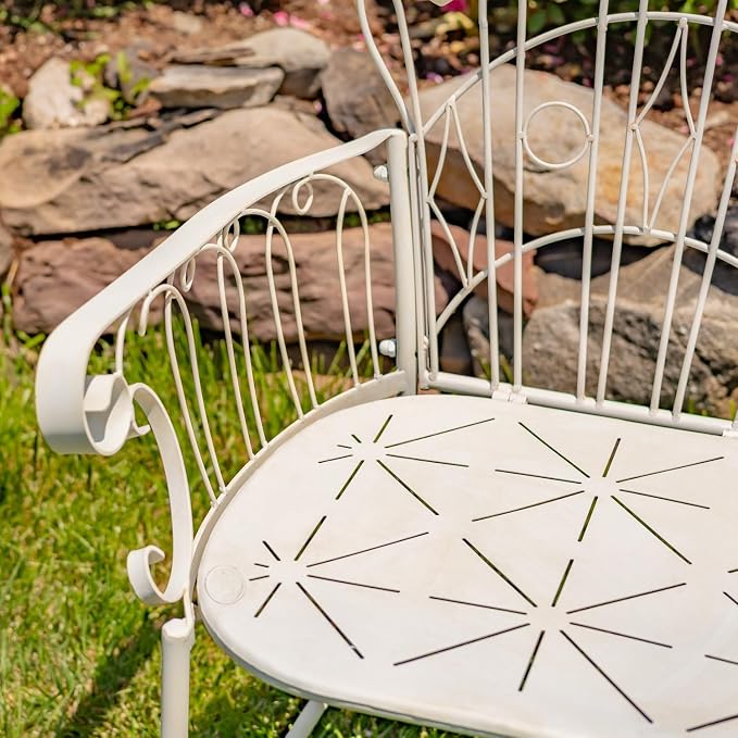 Zaer Ltd. Vintage Style Metal Patio Furniture with Heart Design Accents, Outdoor/Indoor Decor (Distressed White, Arm Chair)