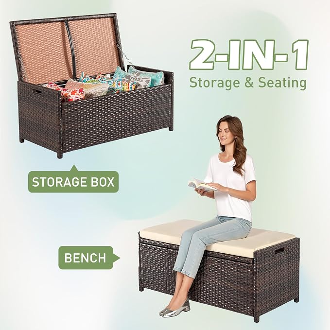 Tappio Deck Box Outdoor Storage Box Bench, PE Rattan Storage Bin with Built-in Handle and Beige Cushion for Pool and Garden Accessories
