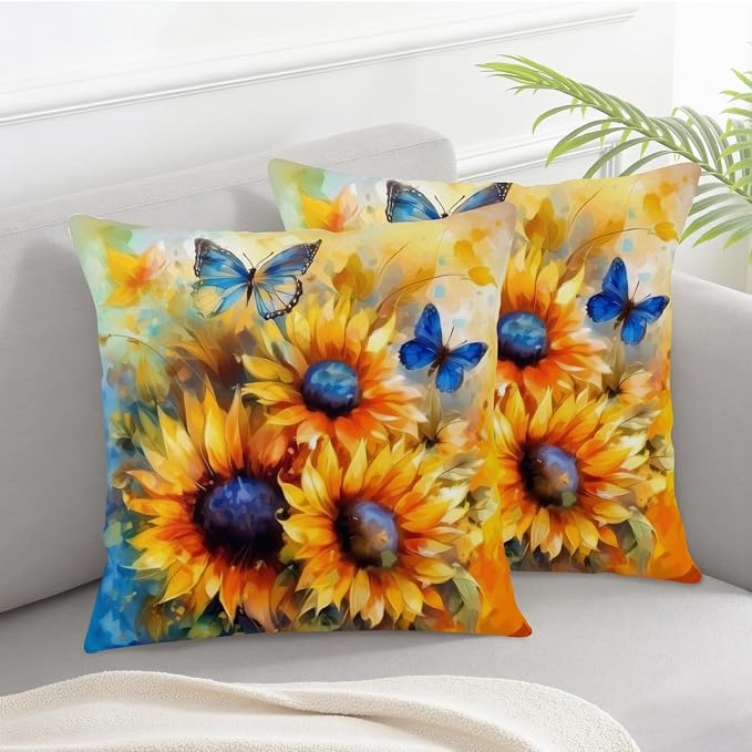 Oil Painting Sunflower Pillow Covers Sun Flower with Butterfly Throw Pillow Covers 16x16 Set of 2 Vintage Pillowcase Double Sided Printing Cushion Case for Home Decor Outdoor Sofa