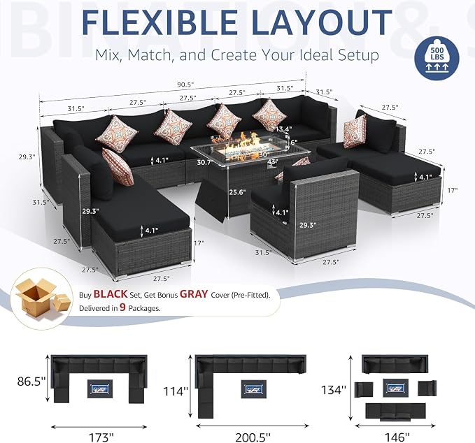 NICESOUL 11 Piece Modern Outdoor Sofa Set, 29.3'' High Back Comfy Big Size Wicker Patio Modular Sectional with Fire Pit Table & Ottoman, Rattan Conversation Furniture, Black & Gray