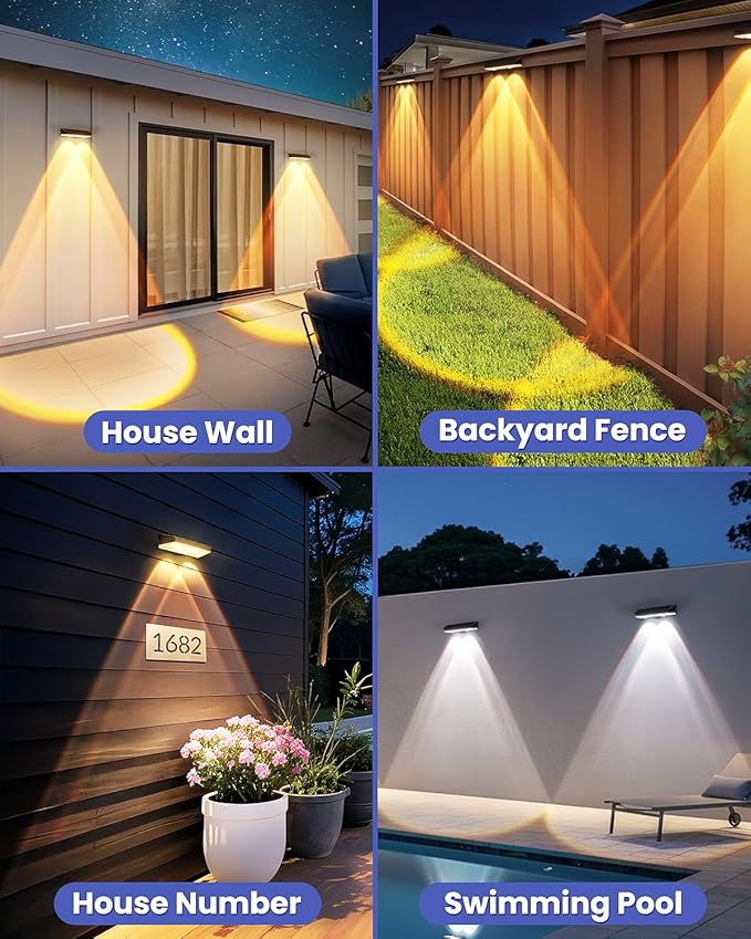 Solar Fence Lights Outdoor, 10 Pack Warm/Neutual/Cool White Fence Lights Solar Powered with 2 LED, IP65 Waterproof, Deck Lighting for Backyard, Patio, Wall, Railing, Pool, Stair