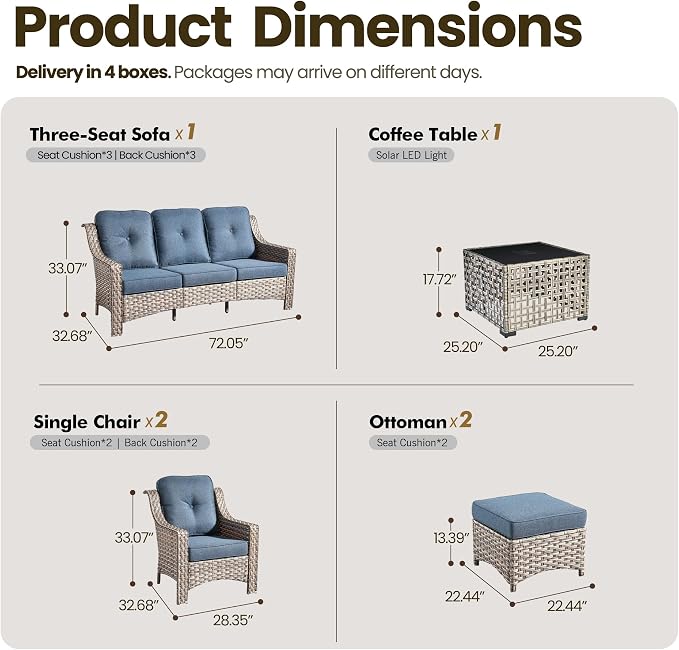 6 Piece Patio Furniture Set with Solar Lights Coffee Table, Outdoor Wicker High Back Sofa Chairs Ottomans with Cushions, All Weather Conversation Set for Backyard Porch Deck, Denim Blue
