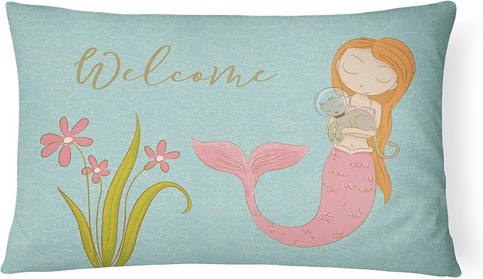Caroline's Treasures BB8548PW1216 Mermaid with Cat Welcome Canvas Fabric Decorative Pillow Machine Washable, Indoor Outdoor Decorative Pillow for Couch, Bed or Patio, 12HX16W