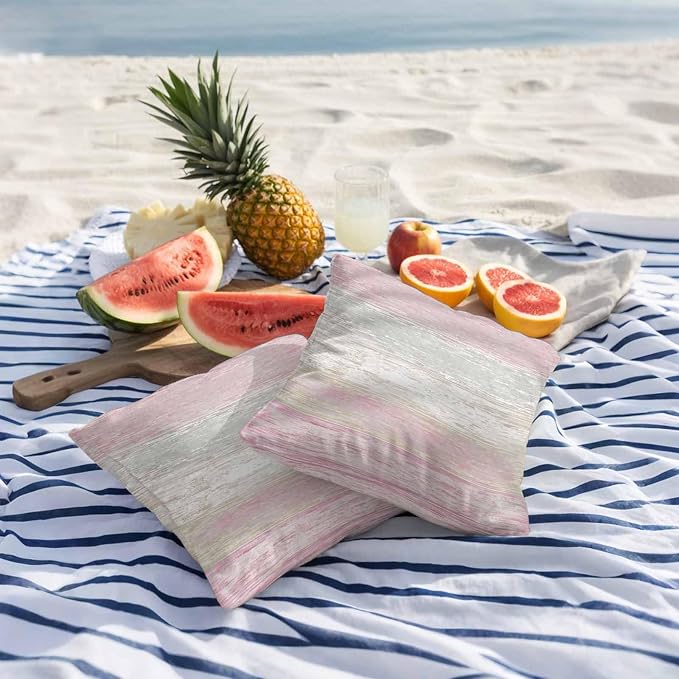 Pink Gray Outdoor Pillow Covers 24"x24" Set of 2, White Gradient Rustic Striped Minimalist Country Waterproof Throw Pillow Covers for Patio Furniture, Decorative Cushion Covers for Porch