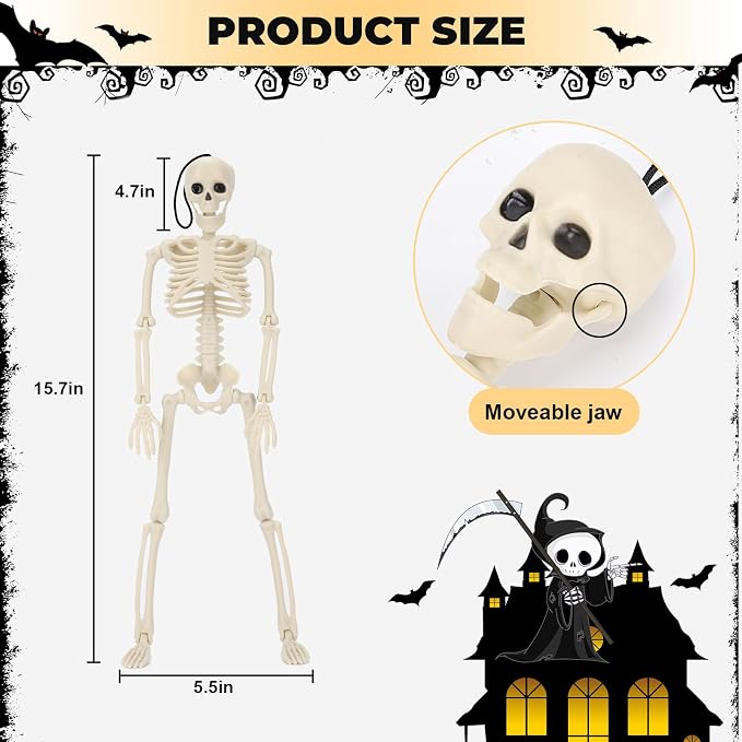 5 Packs Halloween Skeleton Decorations, 16" Halloween Mini Skeleton with Posable Joints, Spooky Poseable Plastic Skeletons for Yard Garden Lawn Haunted House Graveyard Props Decor
