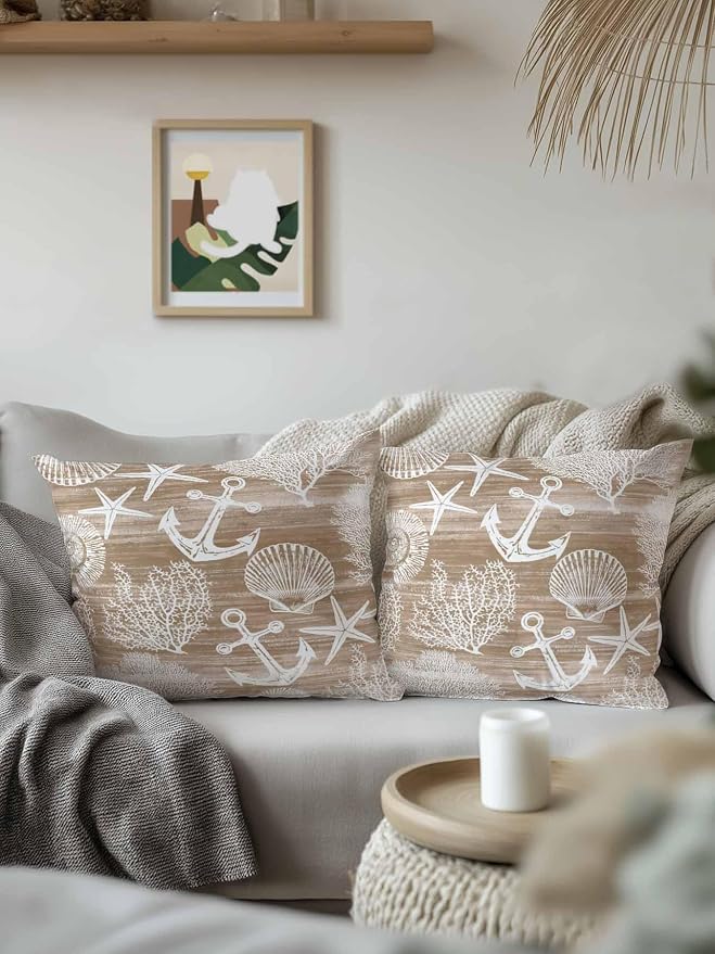 Outdoor Waterproof Throw Pillows 16x16in, Summer Anchor Starfish Coral Shell Patio Pillows Pack of 2,Decorative Pillow Covers with Insert,Pillow Cushion Case Nautical Ocean Creature