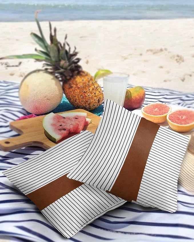 Outdoor Waterproof Throw Pillow Covers 24x24in, Boho Mid Century Cushions for Garden Patio Furniture Chairs Set of 2, Stripe and Leather Texture Home Decor Couch Sofa Polyester Pillow Cases