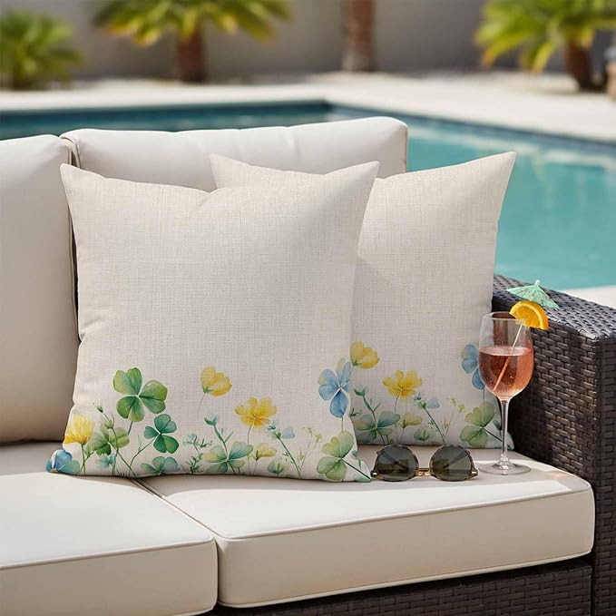 Spring Green Clovers Outdoor Waterproof Throw Pillow Covers Set of 2, 26"x26", Watercolor Yellow Blue Lucky Shamrock Leaf Linen Decorative Pillow Covers Outside Cushion Case for Patio Porch Garden