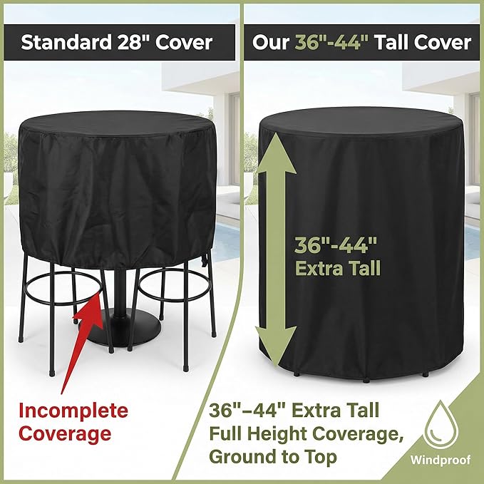 Heavy Duty Tall Round Patio Dining Table Cover, 70 Inch Waterproof Outdoor Furniture Cover for Bar Height Large Round Table and Chair Sets (Black, 70"DIAx36"H)