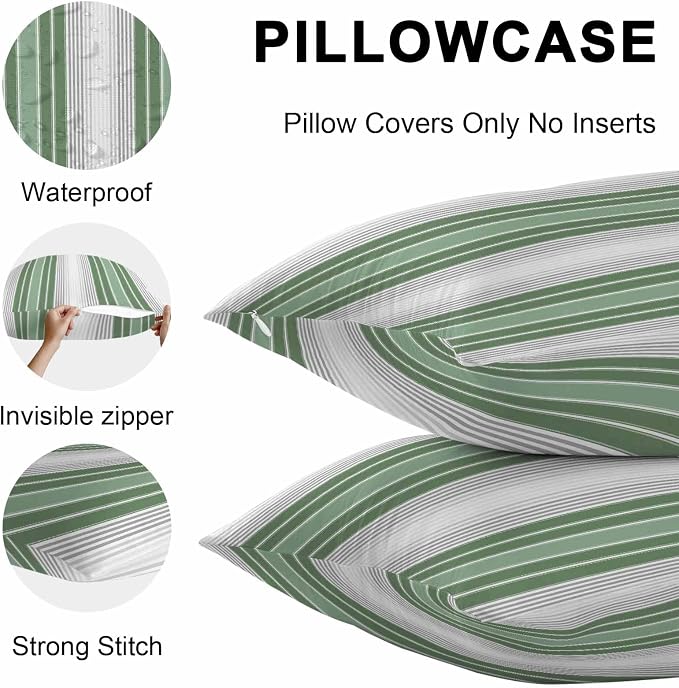 Chucoco Outdoor Waterproof Throw Pillow Cover, Green White Striped Decorative Pillows Cushion Covers, Classic Geometric Line 2 Pack Pillow Cases for Patio Garden Balcony Couch Sofa 24x24in