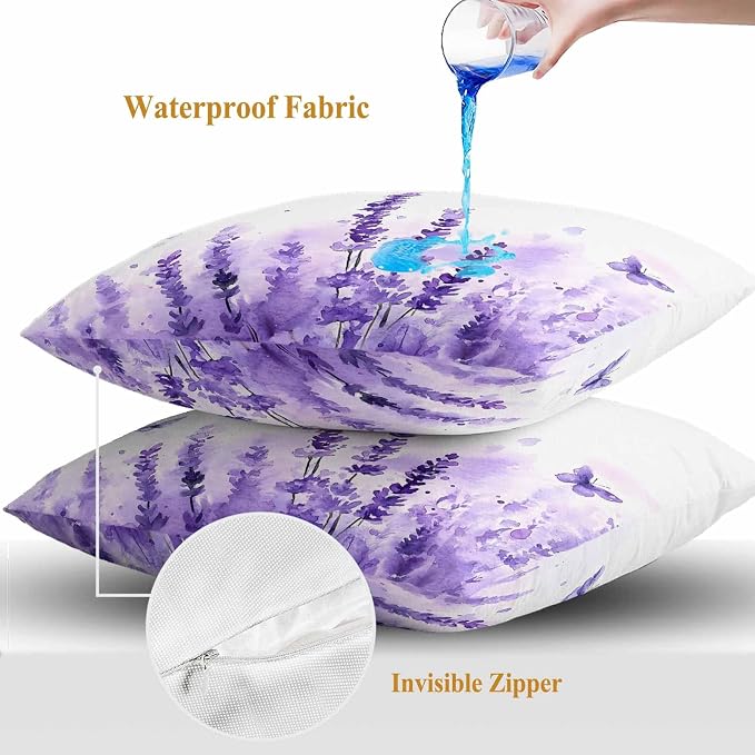 Spring Purple Lavender Outdoor Waterproof Throw Pillow Covers Set of 2, 24"x24", Country Watercolor Purple Floral Butterfly Decorative Pillow Covers Outside Cushion Case for Patio Porch Garden