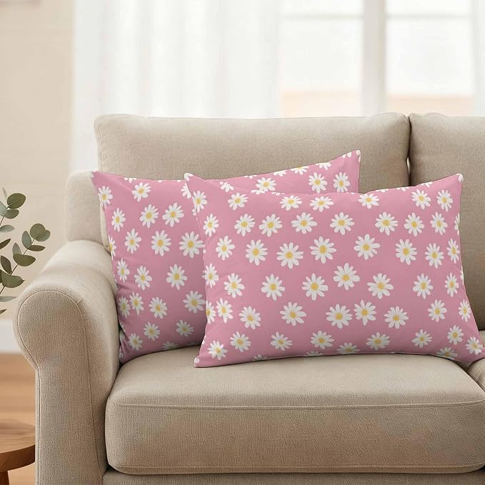 Lumbar Pillow Covers 20x12 Inch Set of 2, White Pink Daisy Waterproof Outdoor Pillow Covers, Spring Summer Floral Farmhouse Decorative Cushion Pillowcases for Couch, Sofa, Bed, Garden, Patio