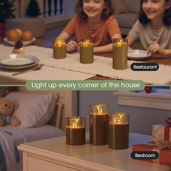 L LOHAS LED Electronic Candle Night Lights with Remote, 3-Pack Reindeer LED Flameless Candles, Battery Operated Flickering Night Light, 5 Brightness Levels & Timer, for Holiday Home Decor