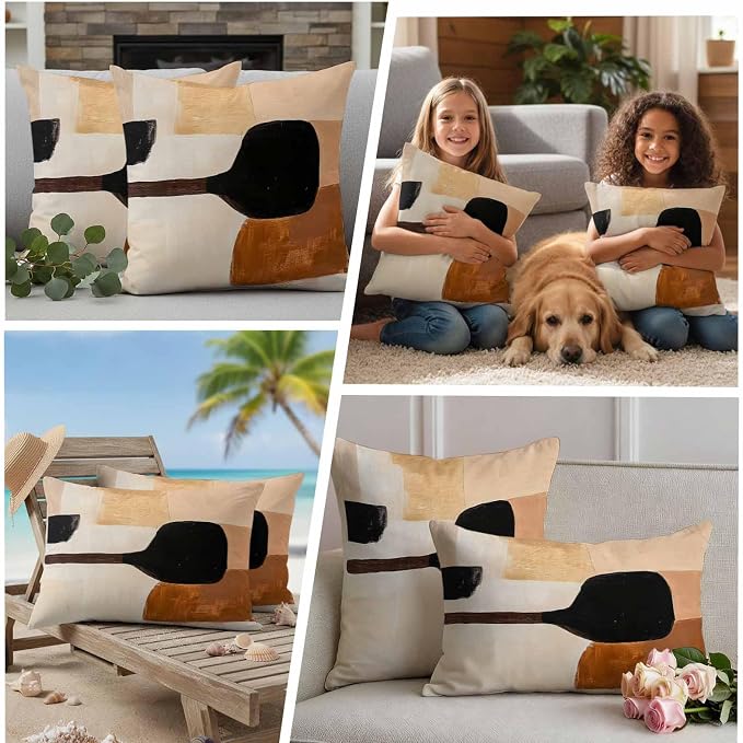 Beige Black Outdoor Waterproof Throw Pillow Covers Set of 2, 20"x12", Brown Abstract Art Graffiti Color Block Modern Decorative Pillow Covers Outside Cushion Case for Patio Porch Garden