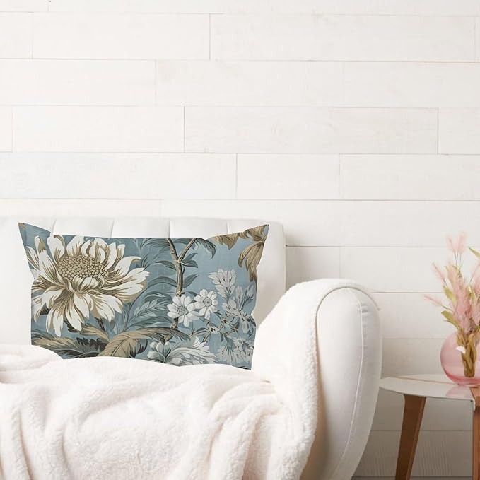 Lumbar Throw Pillow Cover Spa On Flax Blue Chinoiserie Pillows Modern Grey Peony Asian Pillow Cover Accent Outdoor Garden Decoration for for Couch Sofa Bedroom Car 16x26in