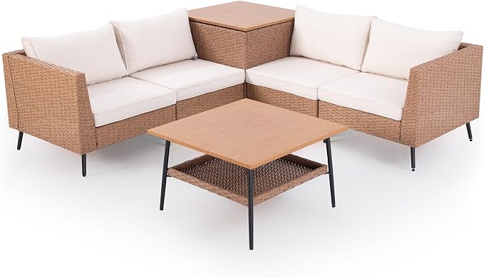 LAUSAINT HOME 6 Pieces Outdoor Patio Furniture Sets, Rattan Conversation Sectional Set with Cushions and Storage Box, Patio Sofa with Outdoor Table