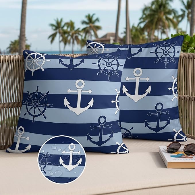 Nautical Ship Anchors Waterproof Outdoor Pillow Covers Set of 2 Home Decor, Navy Blue Horizontal Stripes Lumbar Pillowcase Patio Pillow Covers for Couch Bench Patio Furniture Garden 20x20in