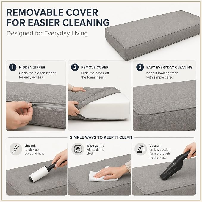 Custom Window Seat Cushion, Bench Cushion Made to Fit | 75D high-density foam, fabric, thickness and shape options, hidden zipper, optional piping, non-slip bottom, indoor furniture