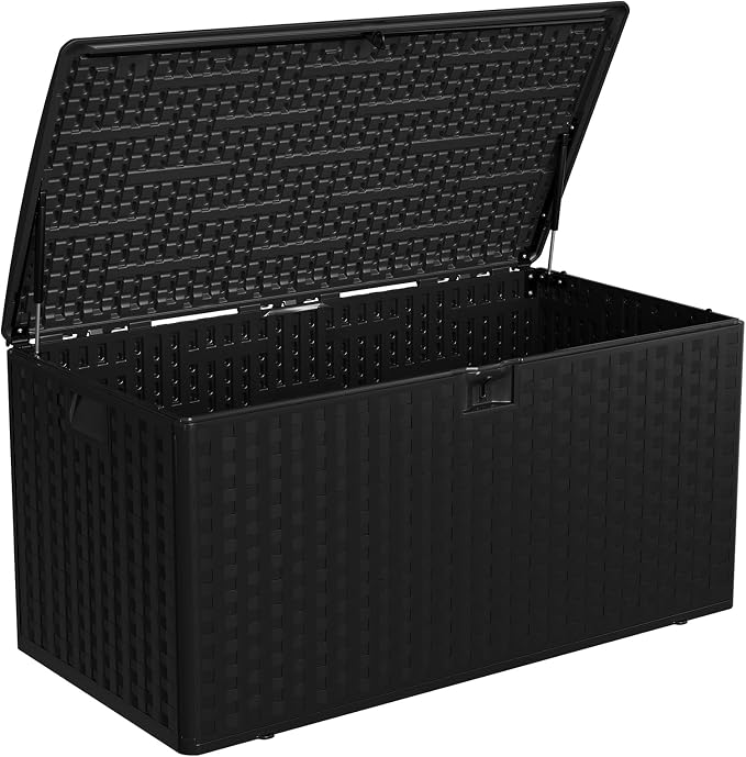Patikuin 99 Gallon Outdoor Resin Deck Box - Waterproof & UV-Resistant Storage Bench with Lockable Lid, Gas Struts - Rattan Texture for Cushions, Garden Tools, Pool Accessories - Black