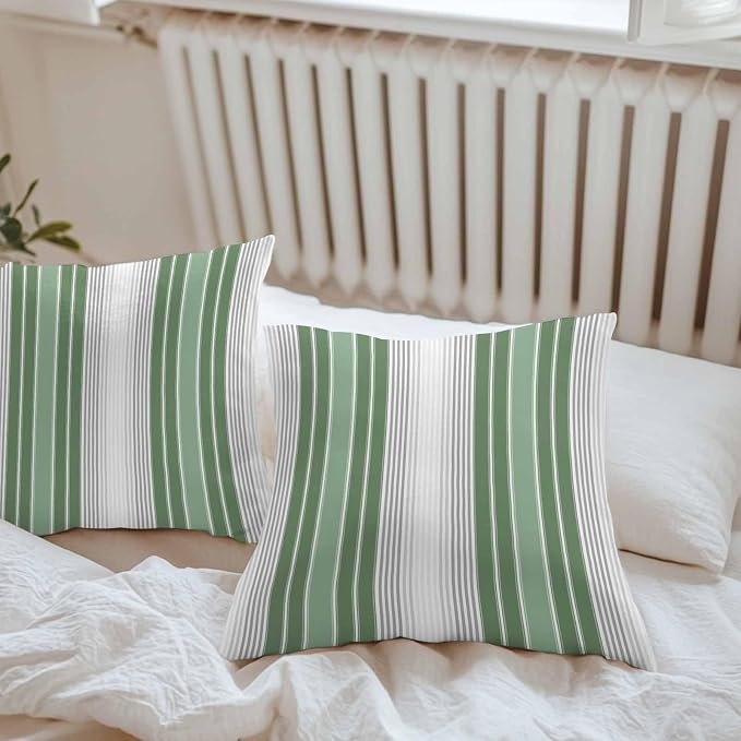 Chucoco Outdoor Waterproof Throw Pillow Cover, Green White Striped Decorative Pillows Cushion Covers, Classic Geometric Line 2 Pack Pillow Cases for Patio Garden Balcony Couch Sofa 24x24in