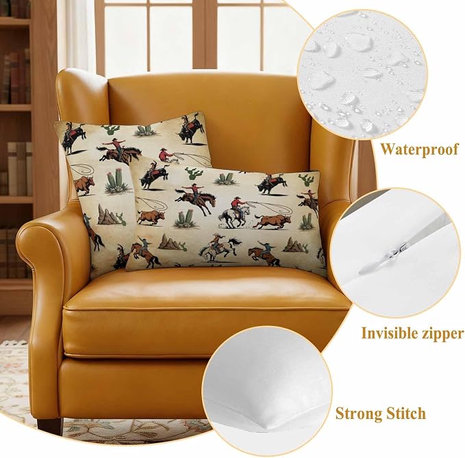 Western Cowboys Outdoor Pillow Covers Waterproof, All Weather Cushion Case Set of 2, Brown Vintage Country Cactus Decorative Pillowcases for Sofa Couch Bed Decor Patio Furniture 18"x18"
