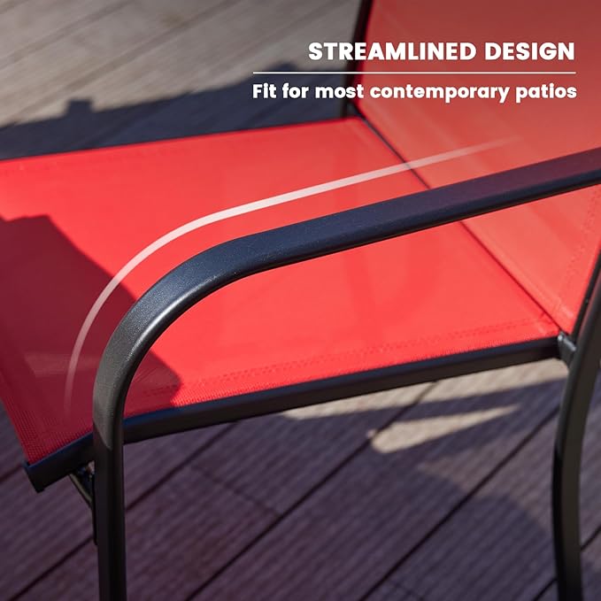 VICLLAX 7 Pieces Patio Dining Set, Patio Furniture Set of 6 Patio Stackable Dining Chairs and Outdoor Metal Table with Umbrella Hole for Backyard Lawn Garden, Red Chairs and Black Table