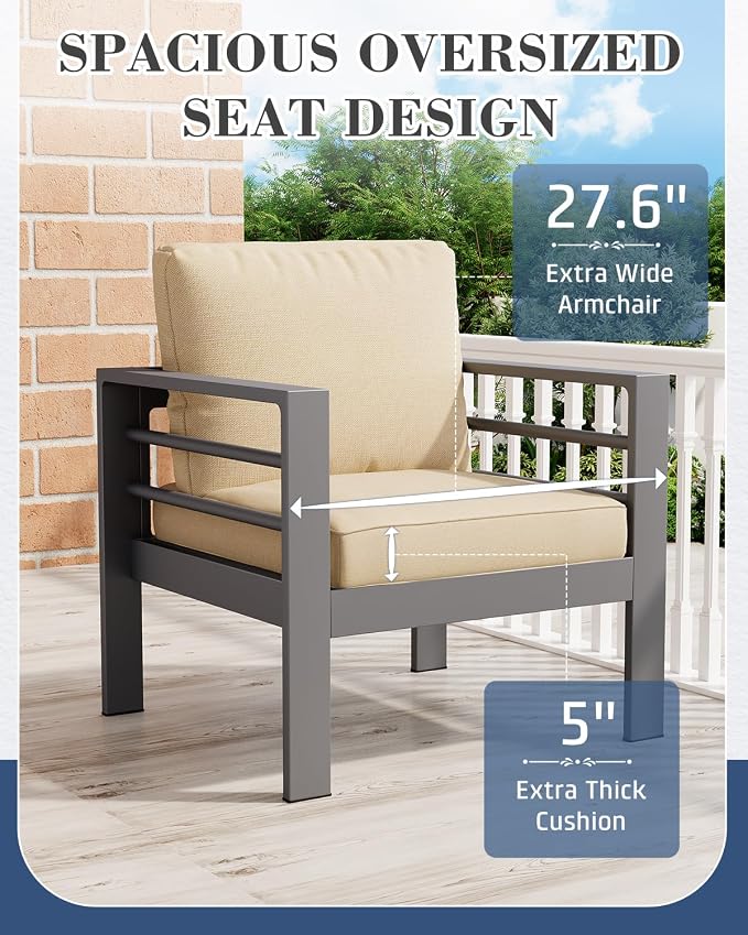 AECOJOY Aluminum Patio Furniture Set, 7 Seats Modern Outdoor Furniture with Coffee Table, 5 Pieces Metal Conversation Sectional Sofa, Beige