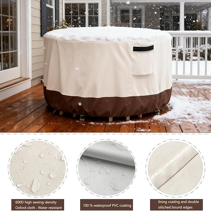 Outdoor Round Table Cover Waterproof Patio Furniture Covers,Patio Round Table Chair Set Covers - 72" Dia x 34" H (Beige & Brown)