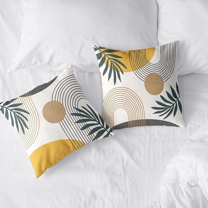 Abstract Boho Pillow Covers 16x16 Set of 2 Mid Century Modern Pillow Covers Green Leaf Design Decorative Throw Pillow Cases Cotton Blend Home Decor for Bed Couch
