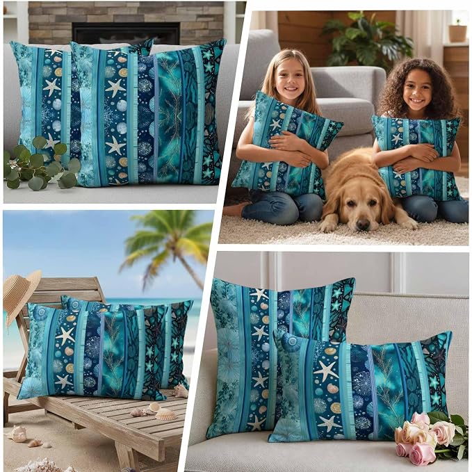 Turquoise Ocean Outdoor Waterproof Throw Pillow Covers Set of 2, 20"x12", Blue Stripes Starfish Coral Seaweed Luxury Decorative Pillow Covers Outside Cushion Case for Patio Porch Garden