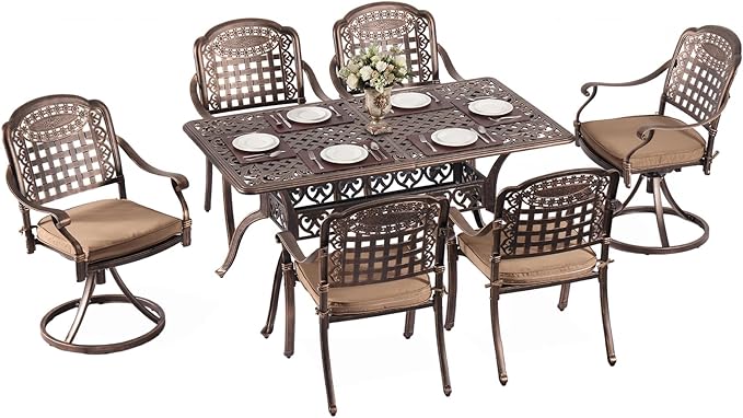 Redlife 7-Piece Cast Aluminum Outdoor Dining Set, 59" Rectangular Patio Table with Umbrella Hole, 2 Swivel Rocker Chairs & 4 Stackable Chairs with Cushions, Lattice Backrest