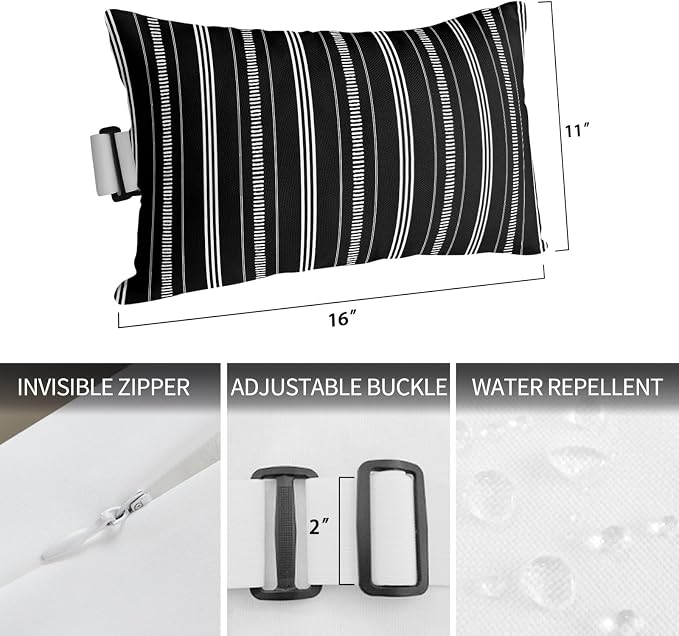 Outdoor Lumbar Pillows 11x16 Set of 2, Boho Black Waterproof Throw Pillow Covers with Insert, Minimalist Farmhouse Striped Decorative Pillowcase Cushion for Couch Sofa Bed