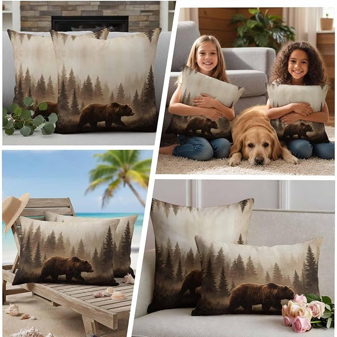 Yukro Nature Landscape Outdoor Waterproof Pillow Covers Pack of 2, Rustic Brown Bear Misty Forest Pine Tree Throw Pillowcases Decorative Cushion Covers for Garden Patio Tent Sofa Couch, 20x12 inch