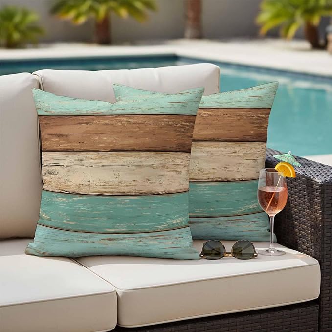 Farmhouse Teal Blue Brown Outdoor Waterproof Pillow Covers, Vintage Wooden Striped Decorative Square Throw Pillowcase Sofa Cushion Sham for Patio/Couch/Chair, 24"x24" 2 Pack