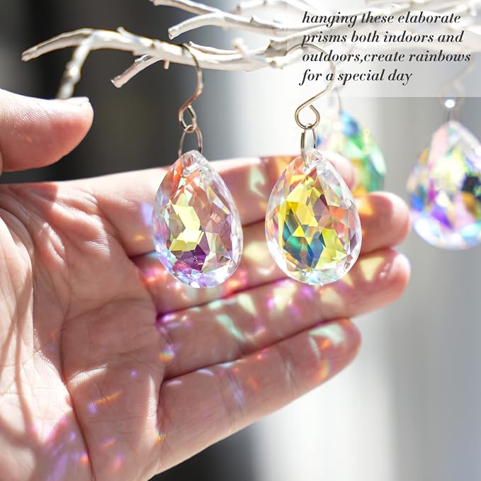 10 Pcs 38mm AB Color Crystal Teardrop Suncatcher Chandelier Prisms Decor | Crystal Teardrop Suncatcher Pendants AB Color 38mm for Chandelier Window Garden Wedding Party Decor Accent