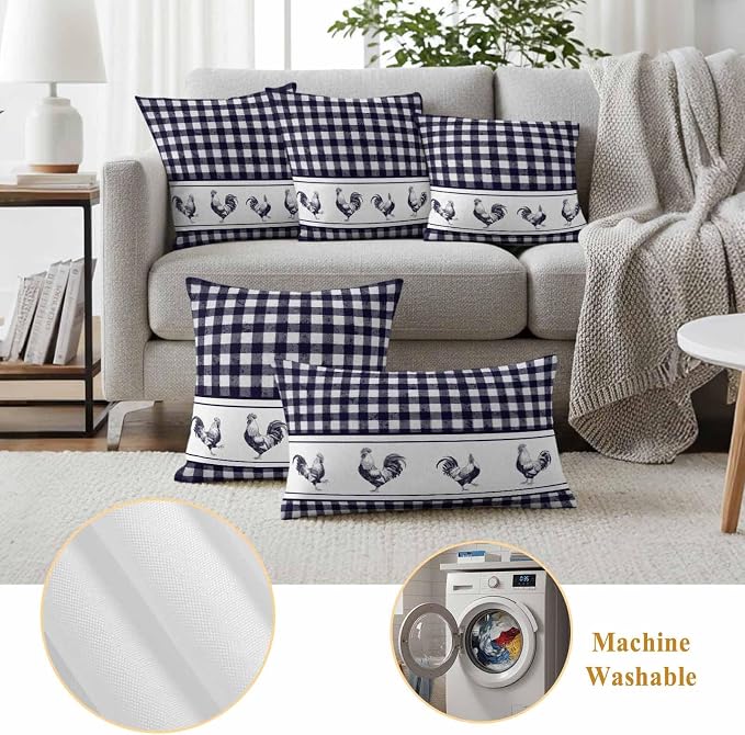 Outdoor Waterproof Throw Pillow Covers Set of 2 Chicken Cock Rooster Pillowcases 26x26 Inches Farmhouse Animal Purple Buffalo Plaid Decorative Pillows Cushion Case Patio Pillows for Couch Bed Chair