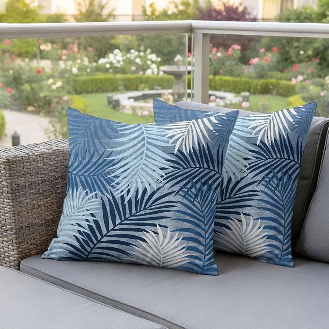 Outdoor Waterproof Throw Pillow Covers, Navy Blue Palm Leaves Decorative Pillow Cases, Summer Botanical Tropical Leaf Couch Pillow Protector Patio Sofa Cushion Covers Replacement 20"x20" 2 Pack
