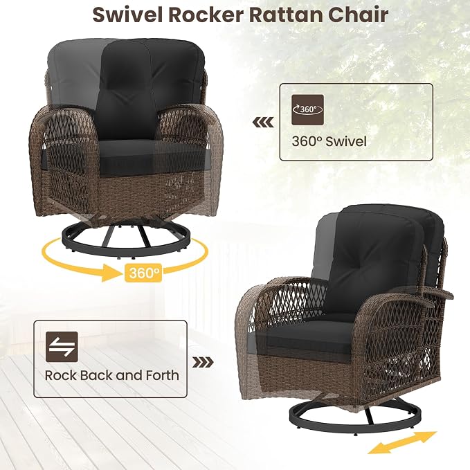 HAPPYGRILL 3 Pieces Outdoor Rattan Swivel Rocker Chairs Set with Tempered Glass Side Table, Outside Sectional Patio Conversation Furniture Set with Swivel Rocking Chairs for Deck Porch Garden (Black)