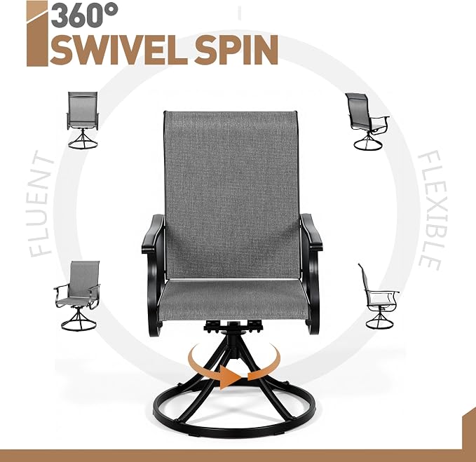 Crownland Outdoor Swivel Dining Chair Set of 4, All Weather 360° Swivel Rocking High Back Model Patio Dining Chairs, Textilene Fabric Wrought Iron Dining Chair Set for Backyard, Lawn, Garden(Grey)