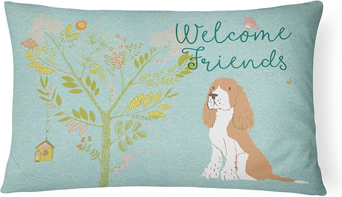 Caroline's Treasures BB7620PW1216 Welcome Friends Gold Springer Spaniel Canvas Fabric Decorative Pillow Machine Washable, Indoor Outdoor Decorative Pillow for Couch, Bed or Patio, 12HX16W