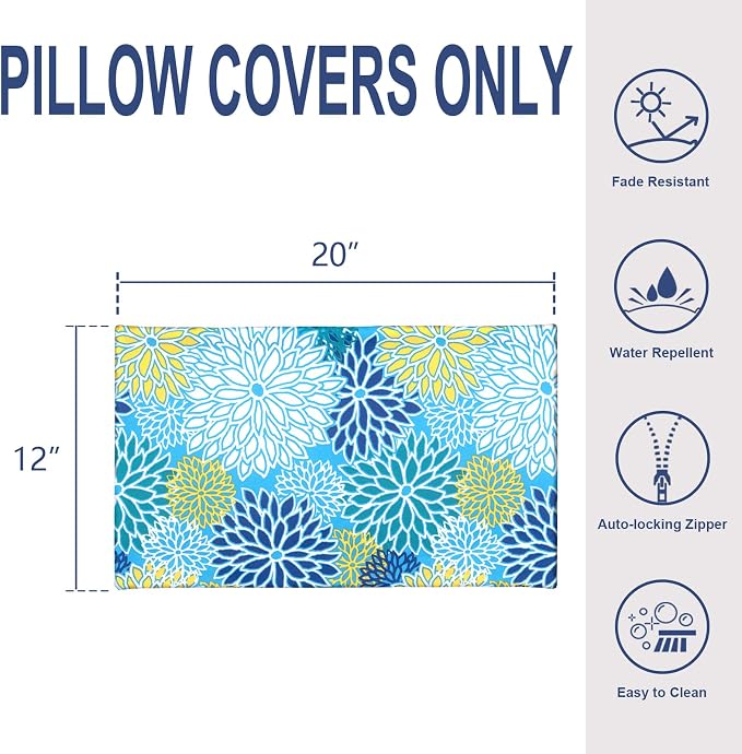 Pack of 2 Outdoor Lumbar Pillow Covers, All Weather Cushion Pillow Cases 12x20 Inch, Pillowcase for Patio Couch Decoration, Dahlia Blue