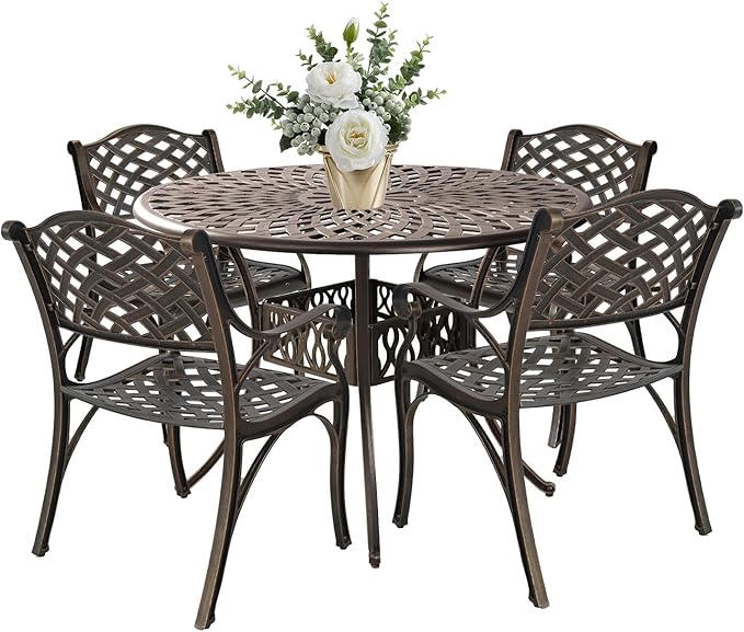 Patio Dinning Set Weather Resistant Cast Aluminum Patio Furniture Set with Umbrella Hole, Bistro Dining Set for Garden (42" x 42" Table D and 4 Chairs Bronze, 5 Pieces)