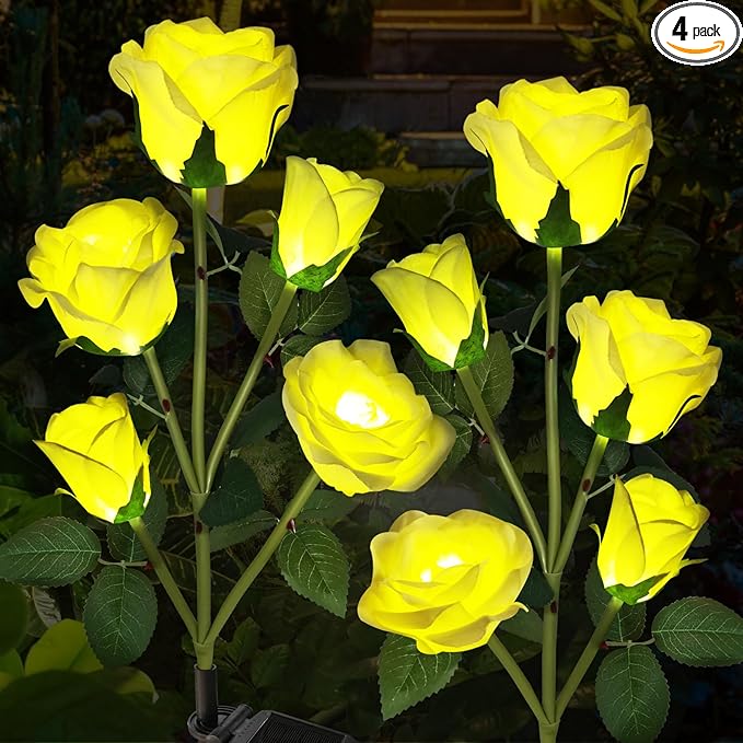 Solar Garden Flowers Lights, Solar Outdoor Lights with More Realistic 10 Rose Waterproof for Outside Patio Yard Pathway Decorations, 2 Pack Yellow
